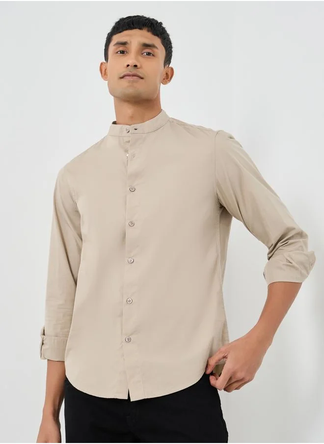 Styli Styli Solid Mandarin Collar Regular Fit Poplin Shirt