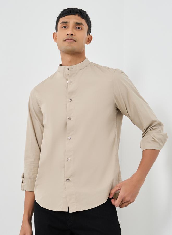 Styli Styli Solid Mandarin Collar Regular Fit Poplin Shirt  - Image 1