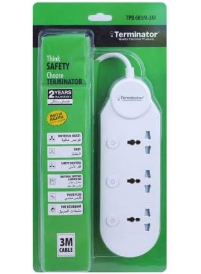 Terminator 3-way universal power extension socket with individual switches, LED indicators, 3M cable, and 13A fused plug - Image 2