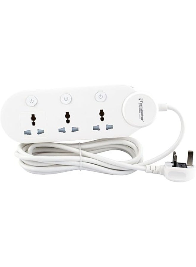 Terminator 3-way universal power extension socket with individual switches, LED indicators, 3M cable, and 13A fused plug - Image 1