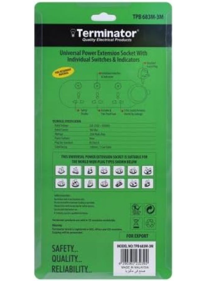 Terminator 3-way universal power extension socket with individual switches, LED indicators, 3M cable, and 13A fused plug - Image 3