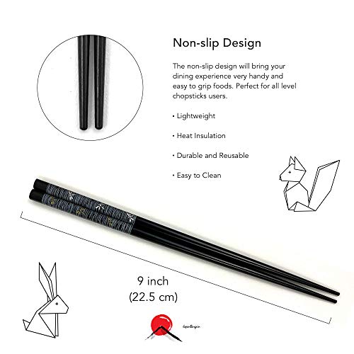 JapanBargain, Bamboo Chopsticks Reusable Japanese Chinese Korean Wood Chop Sticks Hair Sticks 5 Pair Gift Set Dishwasher Safe, 9 inch, 1-Pack - Image 4