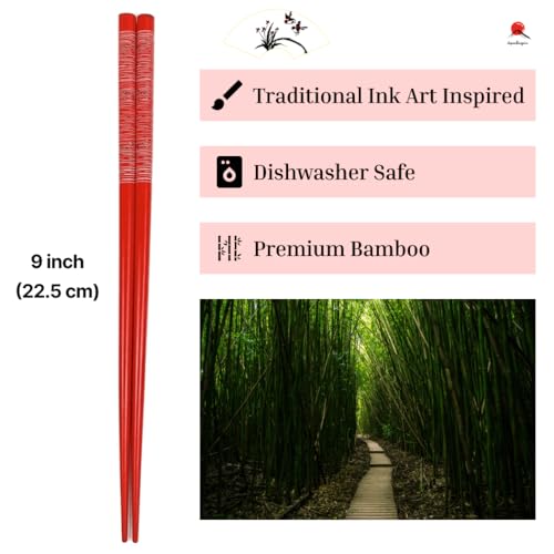 JapanBargain, Bamboo Chopsticks Reusable Japanese Chinese Korean Wood Chop Sticks Hair Sticks 5 Pair Gift Set Dishwasher Safe, 9 inch, 1-Pack - Image 3