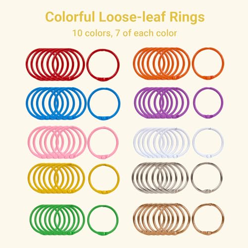 zywooH 70Pcs Binder Rings, 1 1/5 Inch Metallic Loose Leaf Binder Ring, Binding Rings for Index Cards, Colorful Book Keychain Key Rings for Paper Notebook Office School Home, 10 Colors - Image 3