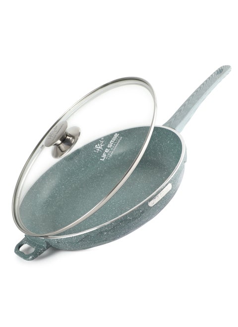 32cm (4 Liters) Non Stick Frying Pan With Lid - 5 Layer Granite Coating Fry Pan | Heat-Resistant Handle Hanging Loop