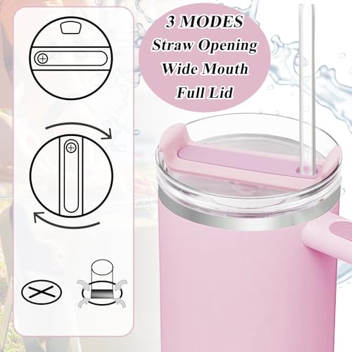 TiciKim 40oz Tumbler Lid Compatible for Stanley, 2 Pack Replacement Tumbler Lids Fit for Stanley Quencher 2.0 Tumbler 40 OZ, with Straws and Cleaning Brush (Light Pink) - Image 4