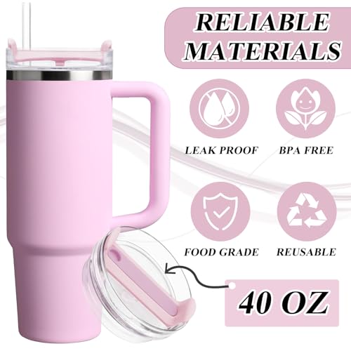 TiciKim 40oz Tumbler Lid Compatible for Stanley, 2 Pack Replacement Tumbler Lids Fit for Stanley Quencher 2.0 Tumbler 40 OZ, with Straws and Cleaning Brush (Light Pink) - Image 3