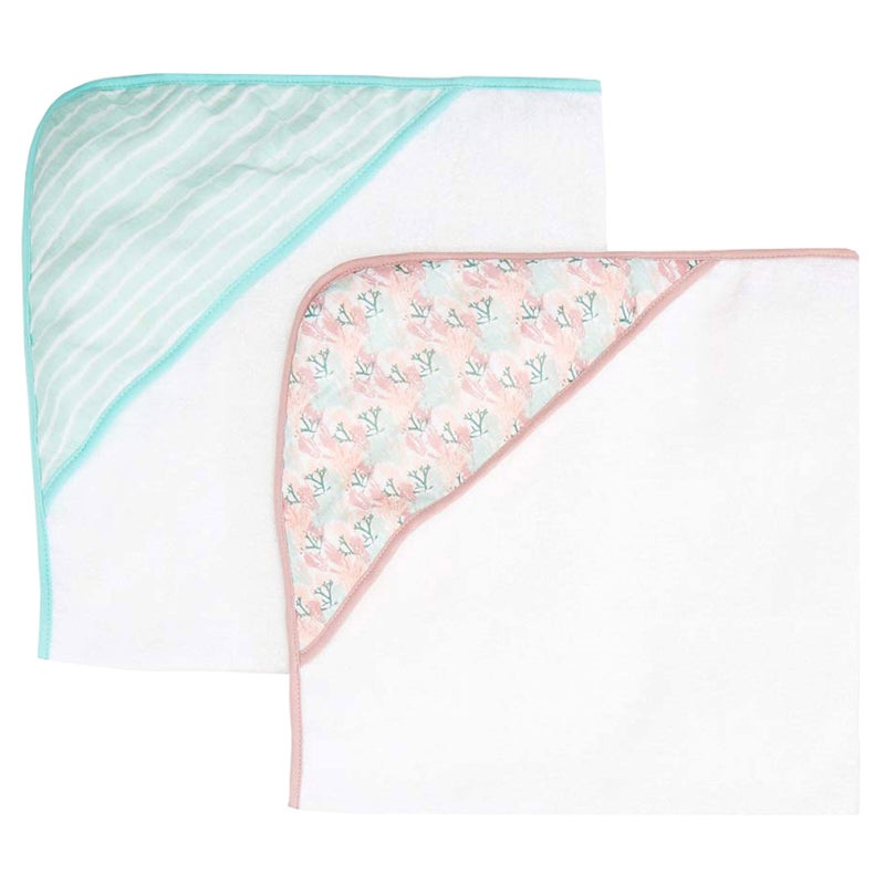 Spasilk Extra Plush Hooded Towel Set for Babies, Soft Terry with Muslin Printed Hood, Pack of 2, Pink Corals - Image 1