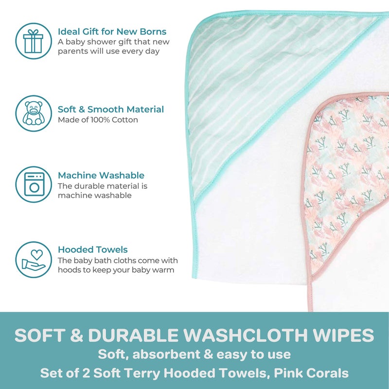 Spasilk Extra Plush Hooded Towel Set for Babies, Soft Terry with Muslin Printed Hood, Pack of 2, Pink Corals - Image 4
