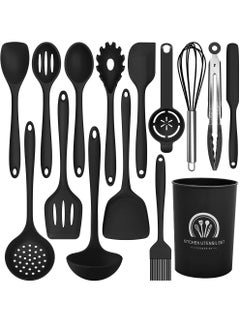 Uwals 15pcs Silicone Cooking Utensils Set , 230℃ Heat Resistant Kitchen Utensils,Turner Tongs,Spoon,Brush,Whisk,Kitchen Utensil Tools Set for Nonstick Cookware,Dishwasher Safe (BPA Free) - Black  - Image 1