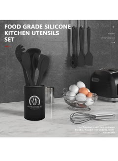 Uwals 15pcs Silicone Cooking Utensils Set , 230℃ Heat Resistant Kitchen Utensils,Turner Tongs,Spoon,Brush,Whisk,Kitchen Utensil Tools Set for Nonstick Cookware,Dishwasher Safe (BPA Free) - Black  - Image 2