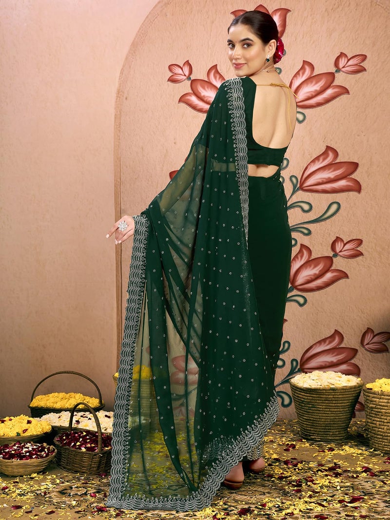 Satrani Women's Georgette Stone Work Saree with Unstitched Blouse Piece (4085S192N_Dark Green2) - Image 3