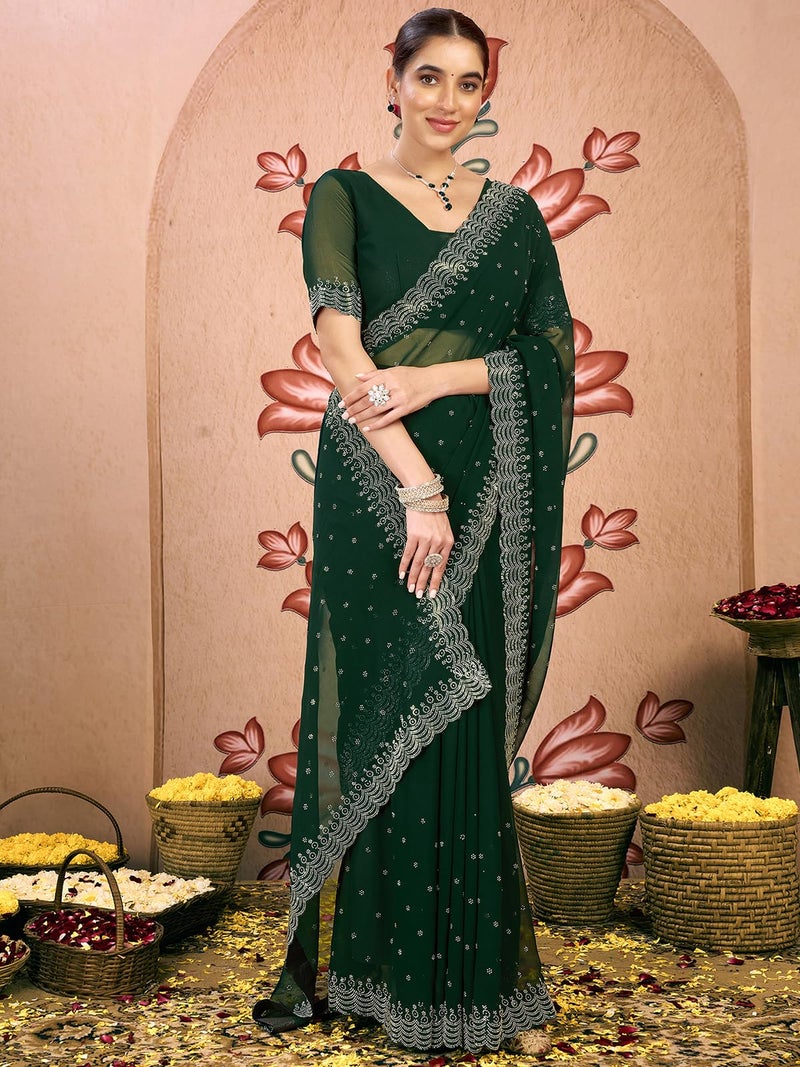 Satrani Women's Georgette Stone Work Saree with Unstitched Blouse Piece (4085S192N_Dark Green2) - Image 2
