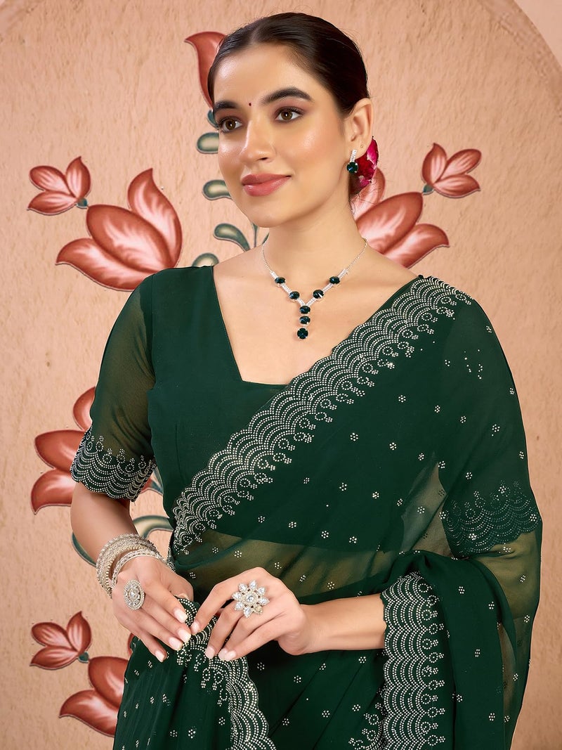 Satrani Women's Georgette Stone Work Saree with Unstitched Blouse Piece (4085S192N_Dark Green2) - Image 4
