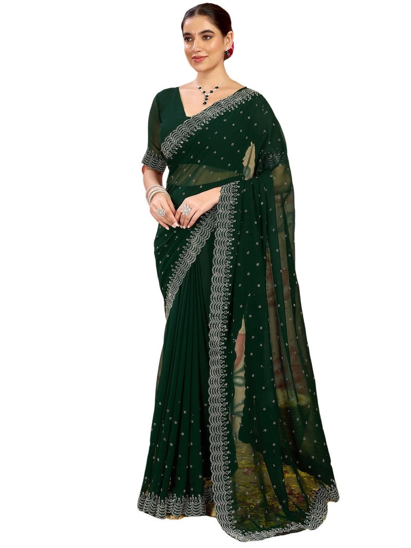 Satrani Women's Georgette Stone Work Saree with Unstitched Blouse Piece (4085S192N_Dark Green2) - Image 1