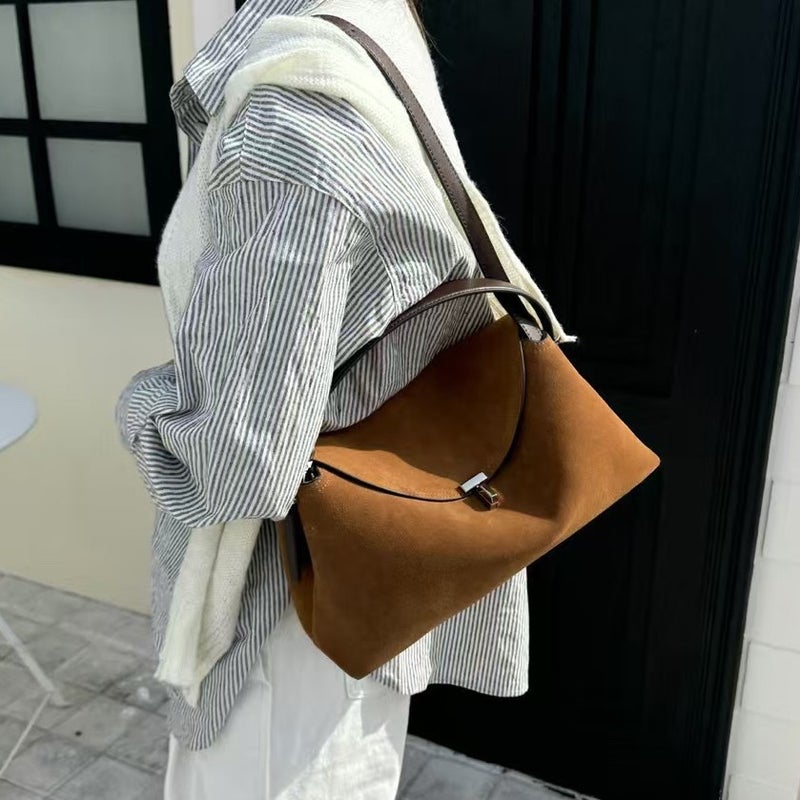High-End Commuter Bag For Women, Frosted Suede Large-Capacity Tote Bag, Genuine Leather Texture, Simple Satchel Armpit Bag For Women - Image 4