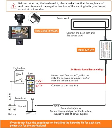 Gebildet مجموعة توصيل كاميرا داش كام Gebildet، مجموعة توصيل USB من النوع C 12V-24V إلى 5V مع حماية من الجهد المنخفض، كابل شحن كاميرا داش بطول 13 قدم/320 سم لتزويد كاميرات داش وكاشفات الرادار. - Image 3