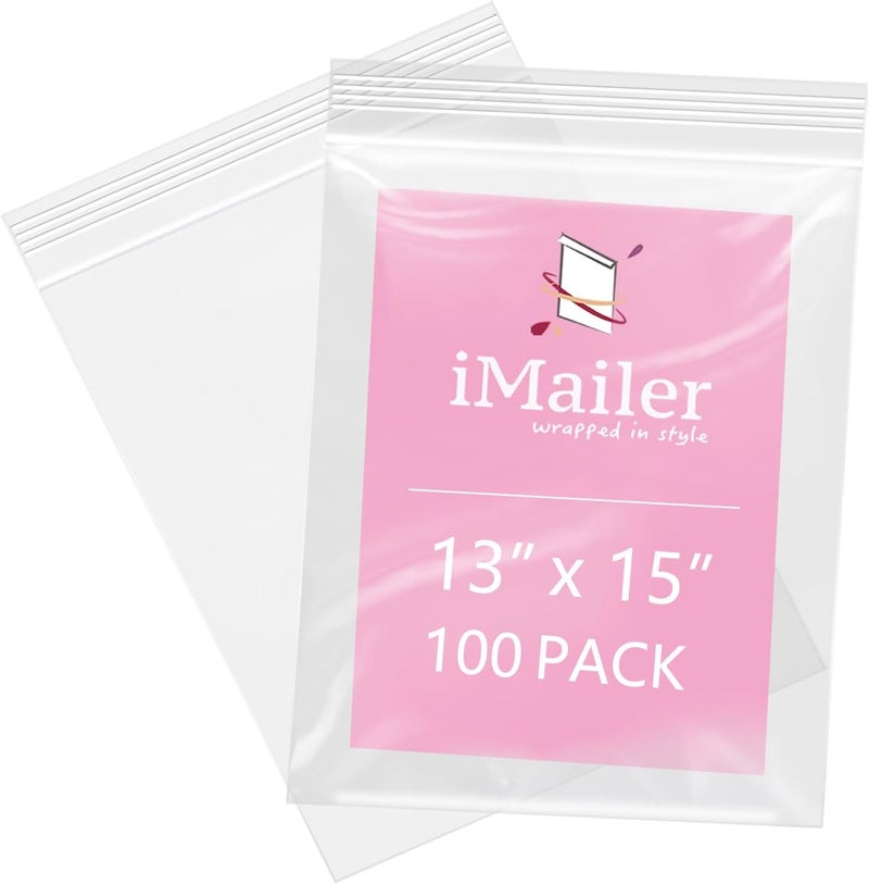 iMailer - 100 Pcs- 13" x 15" Zip Bags- 2 Gallon Zip Bags- Clear Resealable Zip Poly Bag 2 Mil for Clothing, T-Shirts, Pants, Storage - Image 1
