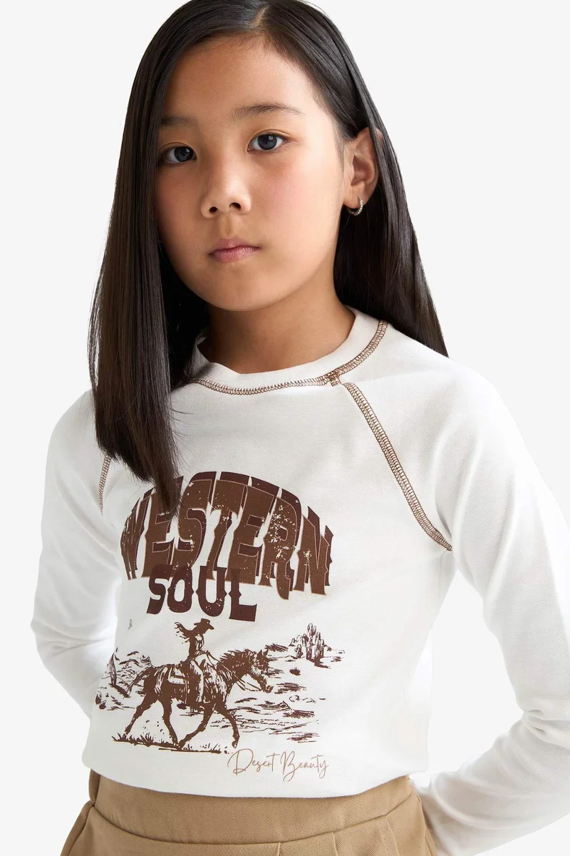 DeFacto Girl Slim Fit Crew Neck Printed Rib T-Shirt
