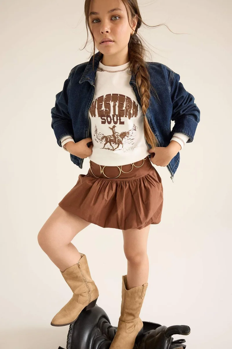 DeFacto Girl Slim Fit Crew Neck Printed Rib T-Shirt
