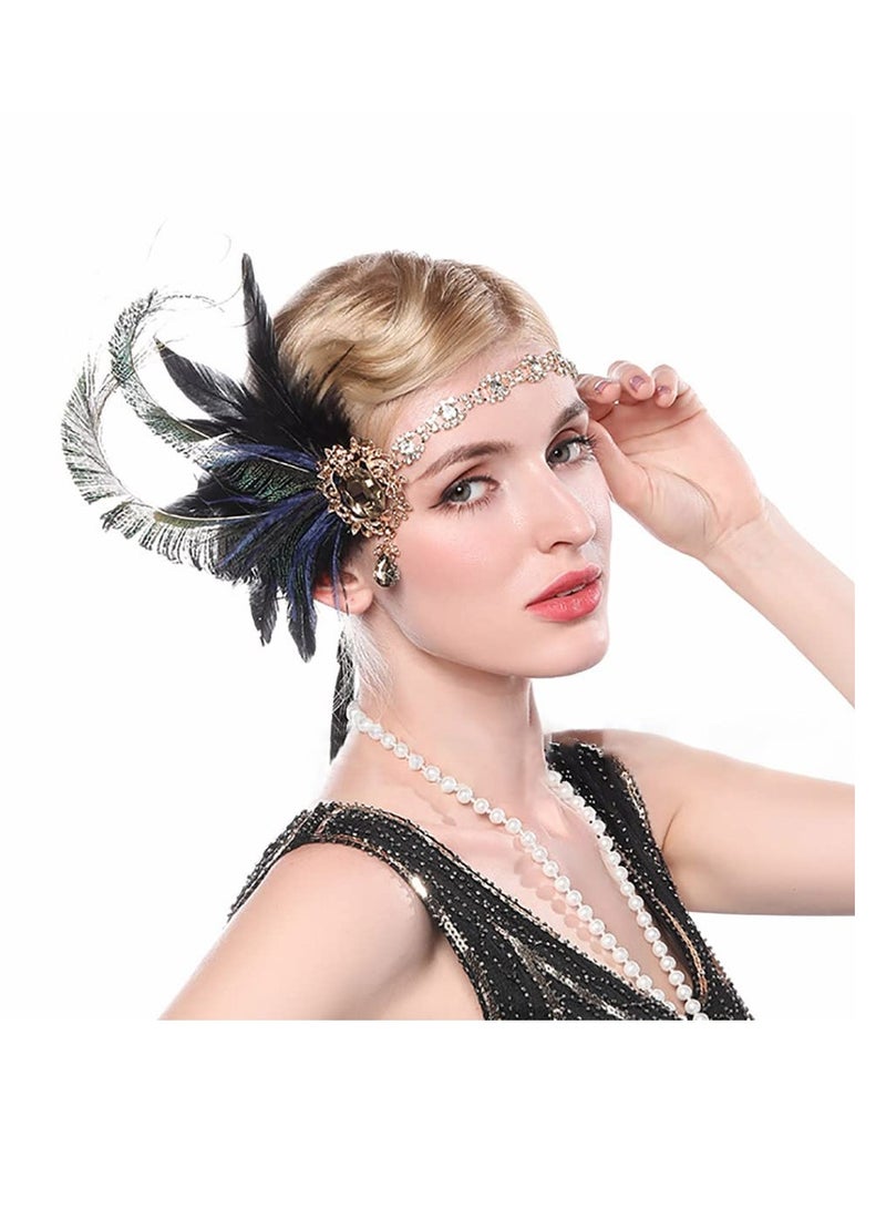 إسكدنيا Crystal Feather Flapper Headpiece, Black Rhinestone Headband, Classial Black and Green Feather, 1920s Hair Accessories for Women Vintage Festival Prom Costume, Rhinestone Gatsby Hair Accessories - Image 3