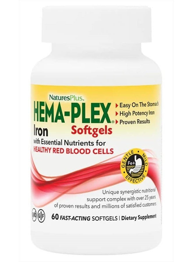 Natures Plus Hema-Plex Iron - 60 Fast-Acting Softgels, Pack of 3 - Elemental Iron + Vitamin C & Bioflavonoids for Healthy Red Blood Cells - Vegan, Gluten Free - 60 Total Servings - Image 1