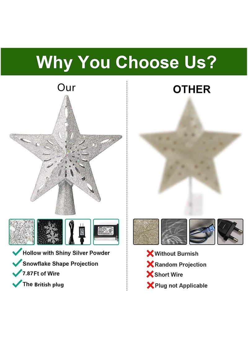 AUTOYSUR زينة شجرة عيد الميلاد مع جهاز عرض ثلج أبيض، نجمة ثلاثية الأبعاد دوارة لجهاز عرض شجرة عيد الميلاد، أضواء LED تساقط الثلوج، جهاز عرض تأثير تساقط الثلوج المتلألئ لتزيين شجرة عيد الميلاد (فضي) - Image 4