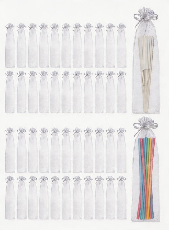 Healeved 50 Pcs White Organza Hand Fan Bags - 10 x 2.4 Inch Drawstring Mesh Pouch Sheer Jewelry Bags for Wedding Party Favors, Church, Bridal Shower - Portable Folding Fans Sleeve Holder - Image 1