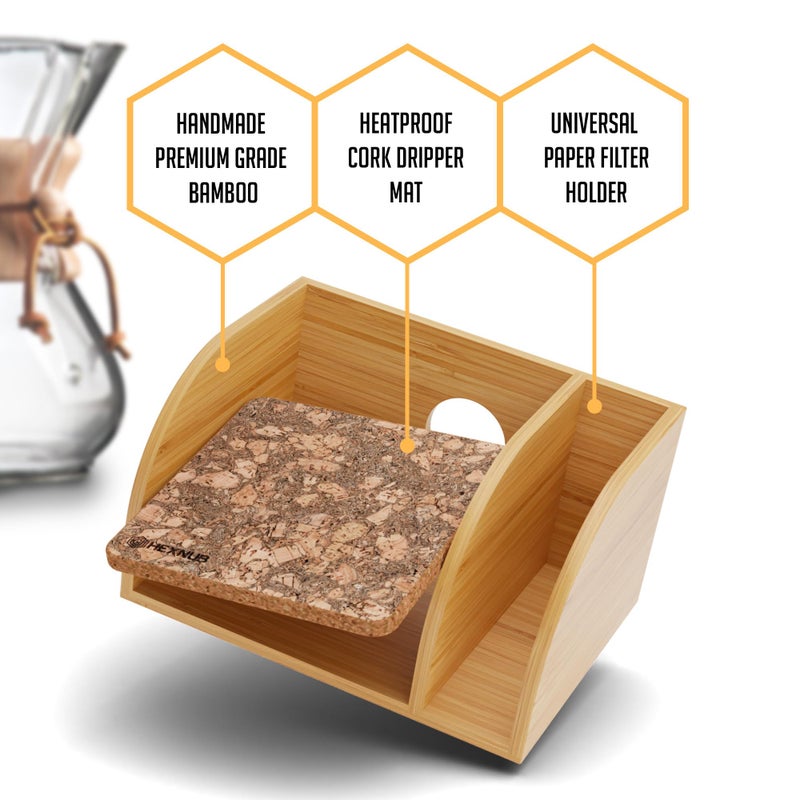 Hexnub - Caddy For Pour Over Coffee Maker  Bamboo Stand Fits Chemex  Bodum  Cosori Coffee Carafes  Heatproof Mat  Filter Holder For Drip Coffee Maker - Cork Mat - Image 3
