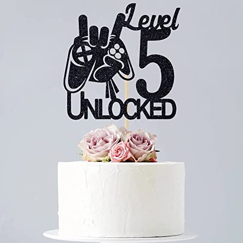 Festiko® Black Glitter Level 5 Unlocked Game Birthday Cake Topper - Boy's 5th Birthday Cake Decorations - Sweet 5 - Video Game Theme Cake Topper - Level Up... - Image 3