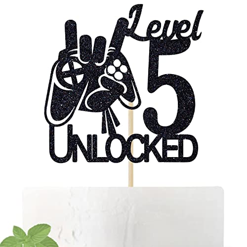 Festiko® Black Glitter Level 5 Unlocked Game Birthday Cake Topper - Boy's 5th Birthday Cake Decorations - Sweet 5 - Video Game Theme Cake Topper - Level Up... - Image 1