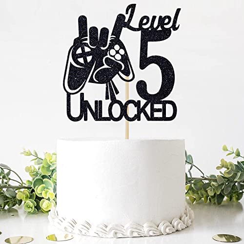 Festiko® Black Glitter Level 5 Unlocked Game Birthday Cake Topper - Boy's 5th Birthday Cake Decorations - Sweet 5 - Video Game Theme Cake Topper - Level Up... - Image 4