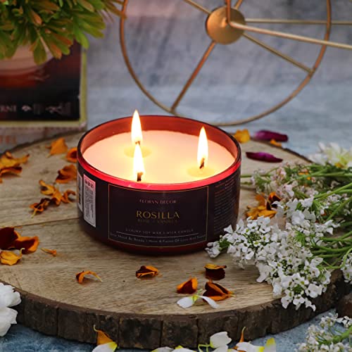 Floryn Decor 3 Wick Candle | Candle for Home Decoration | Luxury Candle for Home Decor | | Burning Time - 40 Hours | Soy Wax Candles Scented (Rose + Vanilla) - Image 1
