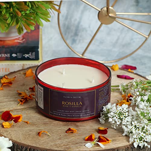 Floryn Decor 3 Wick Candle | Candle for Home Decoration | Luxury Candle for Home Decor | | Burning Time - 40 Hours | Soy Wax Candles Scented (Rose + Vanilla) - Image 2