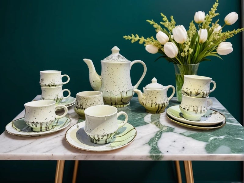 FARIYA FariyaFariya Premium Ceramic Tea Cup with Saucer Tea Set 17 Pieces Cups Saucers with Kettle Set Crockery Set Ideal for Daily Use Gifting Design 2 - Image 1