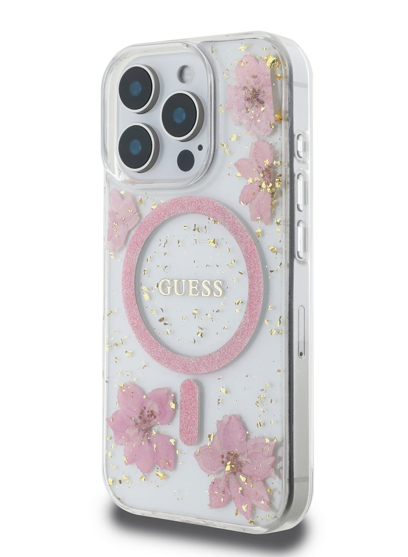 GUESS iPhone 16 Pro Magsafe Case Hard Cover with Resin Flowers Design / Drop protection / Comfortable Grip- Pink - Image 3
