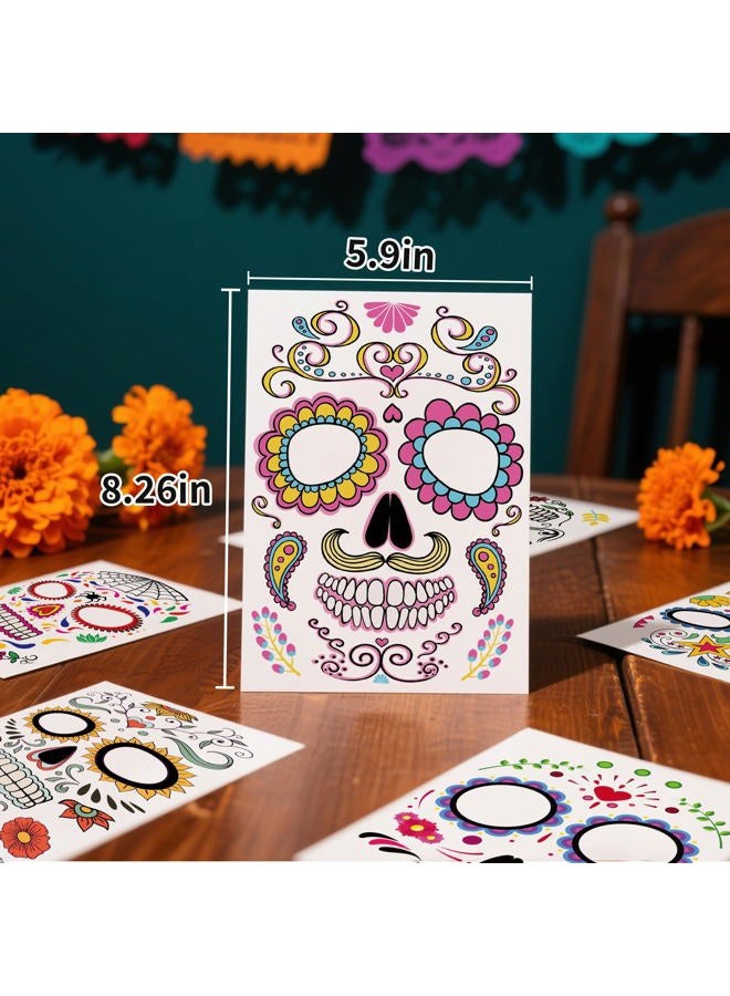 TATUWST 18 Sheets day of the dead temporary face tattoos, adult Sugar Skull Fake Skeleton Red Roses Full Face halloween tattoos Stickers, Women Men Makeup Dancing Party Favor Supplies - Image 3