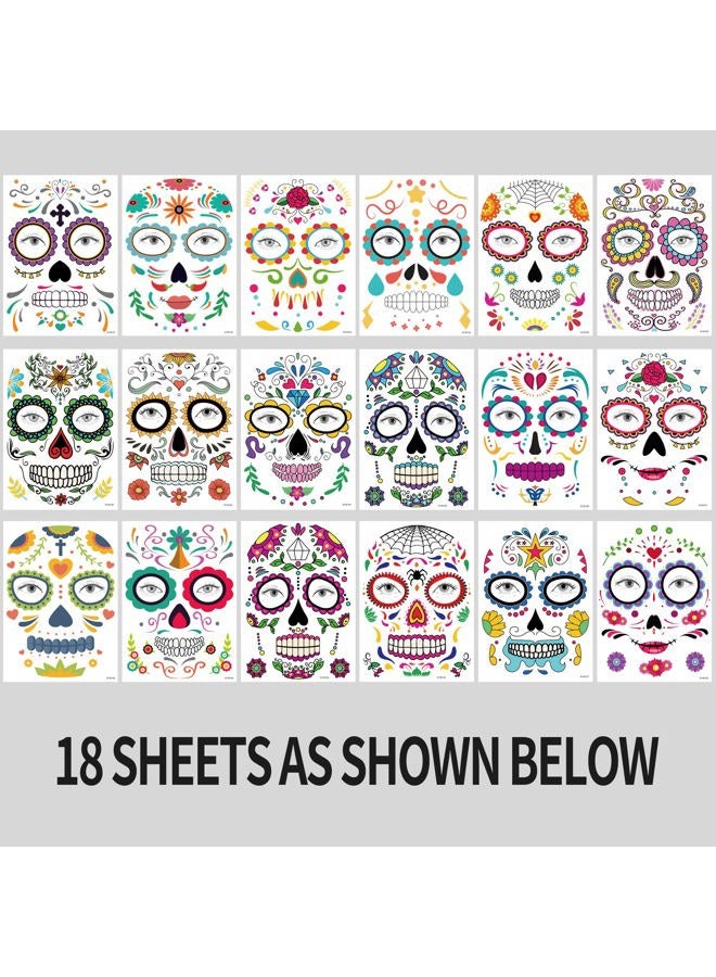 TATUWST 18 Sheets day of the dead temporary face tattoos, adult Sugar Skull Fake Skeleton Red Roses Full Face halloween tattoos Stickers, Women Men Makeup Dancing Party Favor Supplies - Image 2