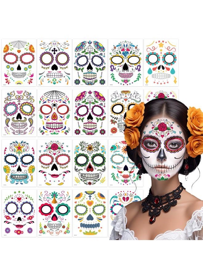 TATUWST 18 Sheets day of the dead temporary face tattoos, adult Sugar Skull Fake Skeleton Red Roses Full Face halloween tattoos Stickers, Women Men Makeup Dancing Party Favor Supplies - Image 1