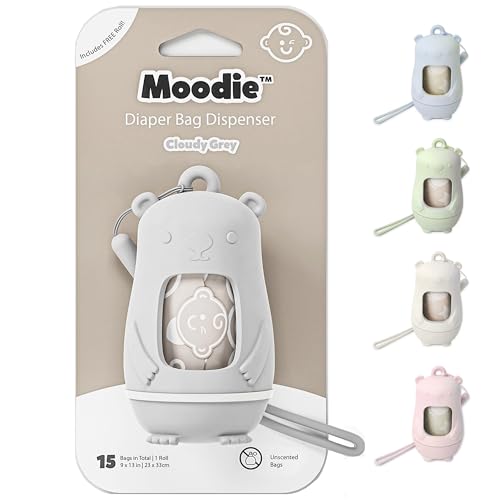 moodie Teddy Bear Diaper Bag Dispenser | Trash Bags on the Go w/Silicone Strap | 15 Unscented Baby Poop Bags per Roll | Disposable Diaper Waste Bags (Cloudy Grey) - Image 1