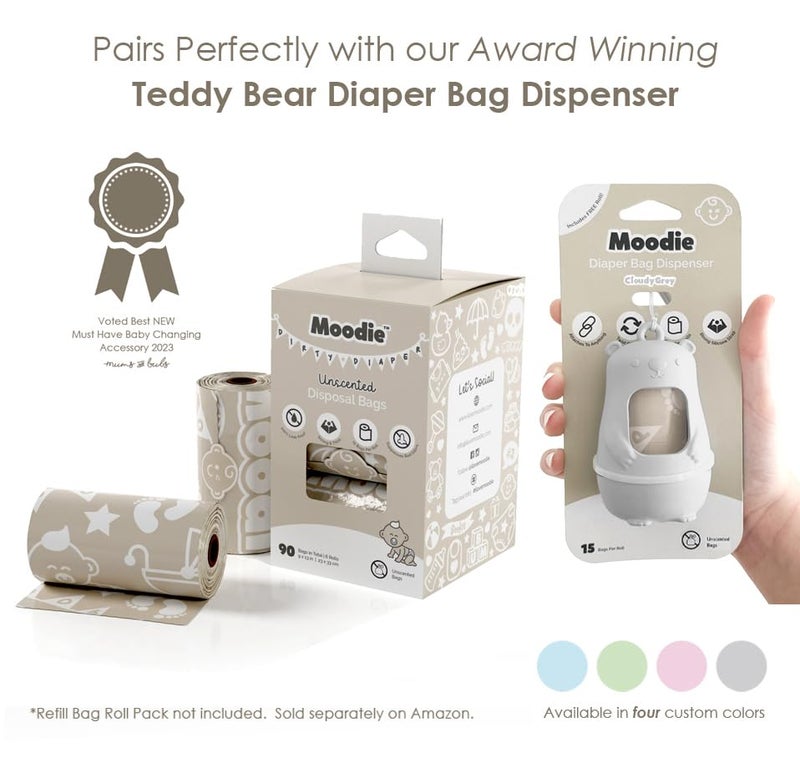moodie Teddy Bear Diaper Bag Dispenser | Trash Bags on the Go w/Silicone Strap | 15 Unscented Baby Poop Bags per Roll | Disposable Diaper Waste Bags (Cloudy Grey) - Image 5