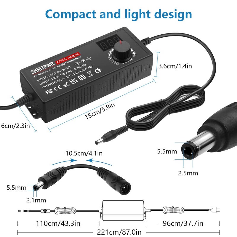 شنيت بور شاحن بقدرة 120 واط، جهد ترددي من 4V إلى 12V، تيار 10 أمبير، محول تيار متردد إلى مستمر قابل للتعديل، يدعم جهود 4V، 4.5V، 5V، 6V، 7V، 8V، 9V، 10V، 11V، 12V، يعمل على تيار متردد من 100V إلى 240V، مزود بـ 14 طرفًا ومحول لتغيير القطبية. - Image 3