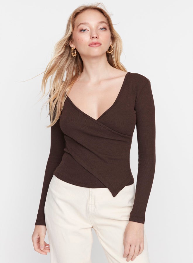 trendyol Dark Brown Fitted Double Breasted Neck Long Sleeve Ribbed Stretch Knitted Blouse TWOAW21BZ1274 - Image 3