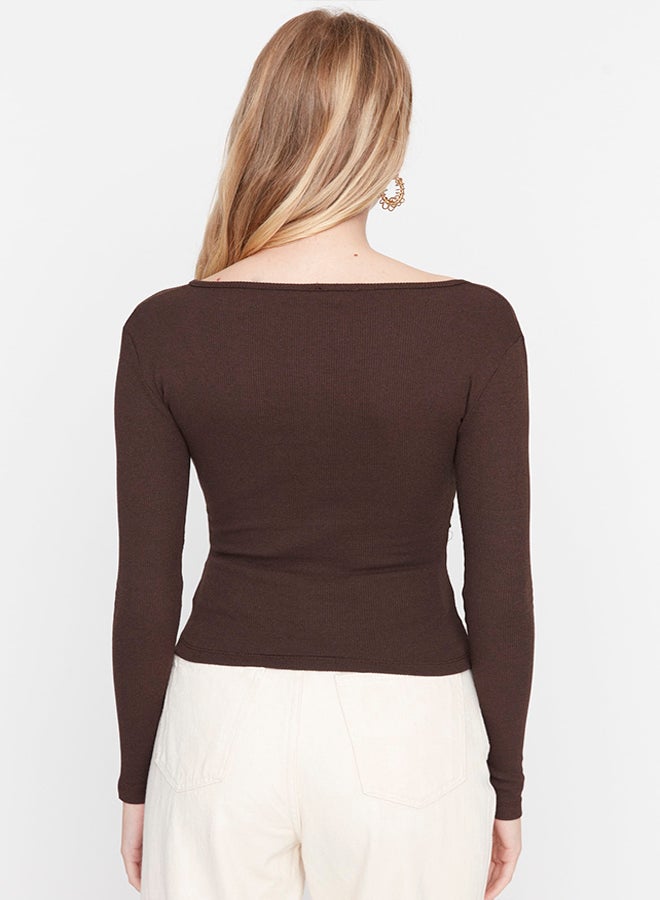 trendyol Dark Brown Fitted Double Breasted Neck Long Sleeve Ribbed Stretch Knitted Blouse TWOAW21BZ1274 - Image 5