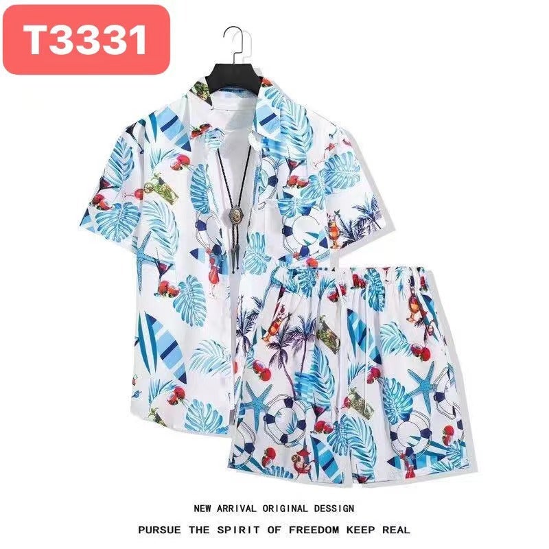 Hawaiian Flower Shirt Beach suit Mens Summer Thin Sanya Travel Couples Seaside Vacation Travel Wear T3331 white suit 