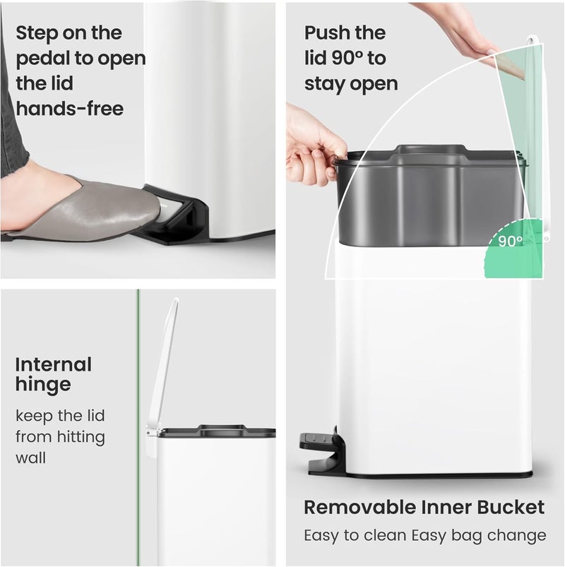 Cesun Small Bathroom Trash Can with Lid Soft Close, Step Pedal, 6 Liter / 1.6 Gallon Stainless Steel Garbage Can with Removable Inner Bucket, Anti-Fingerprint Finish (White) - Image 4