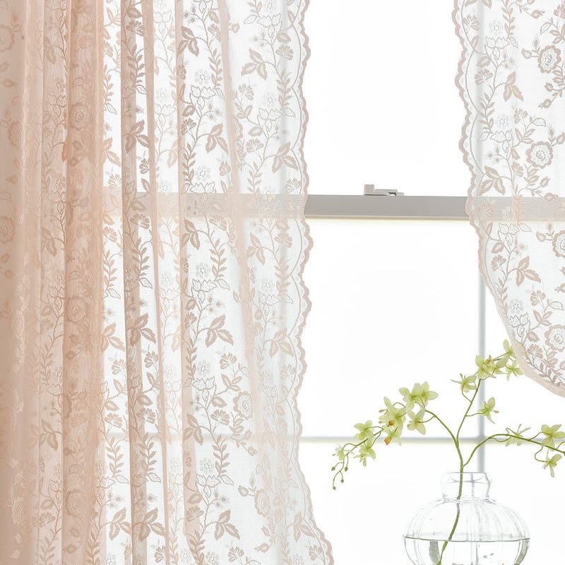 Finecity Blush Pink Lace Curtains 45 Inch Length  Country Branch Leaf Floral Pattern Short Lace Cafe Curtains 2 Panels Set For Small Window  Privacy Lace Sheer Curtains  52 X 45 Inch  Blush Pink - Image 1