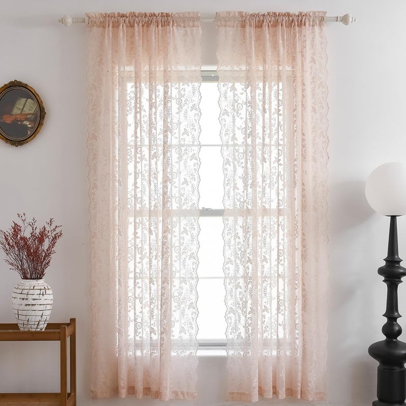 Finecity Blush Pink Lace Curtains 45 Inch Length  Country Branch Leaf Floral Pattern Short Lace Cafe Curtains 2 Panels Set For Small Window  Privacy Lace Sheer Curtains  52 X 45 Inch  Blush Pink - Image 2