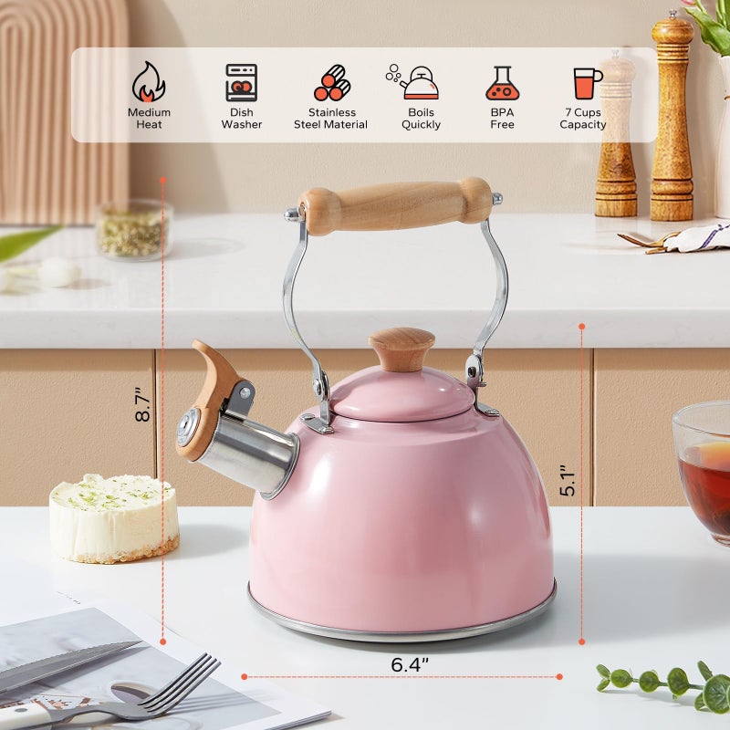 ROCKURWOK غلاية شاي ROCKURWOK، إبريق شاي بمقبض مريح بارد، إبريق شاي من الفولاذ المقاوم للصدأ بدرجة غذائية، غلاية شاي على الموقد، إبريق غلاية، غلايات شاي تصدر صفير، إبريق شاي صغير، 1.6 لتر (وردي) - Image 3