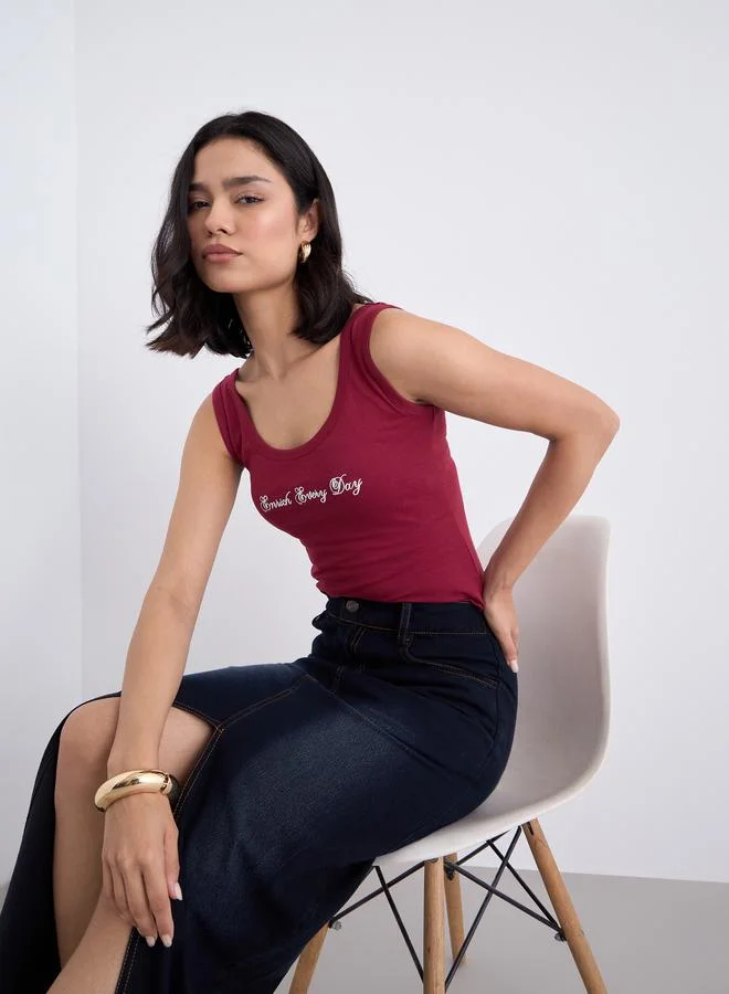 Styli Styli Maroon Fitted Embroidered Tank